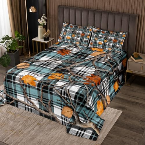 Homewish Woodland Tree Branch Blätter Tagesdecke für Jungen Kinder Mädchen,Retro Camo Steppdecke 240x260cm Blaues Buffalo Plaid Grid Tagesdecken Ländliches Land Steppdecken raumdekor Mikrofaser von Homewish