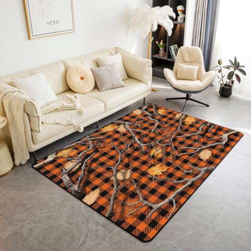 Homewish Woodland Tree Branch Teppich 100x150 Camouflage Tree Leaves Teppiche Wohnzimmer für Kinder Jungen Jugendliche,Retro Buffalo Plaid Grid Flächenteppich Landwirtschaftliches Bauernhaus Rug von Homewish