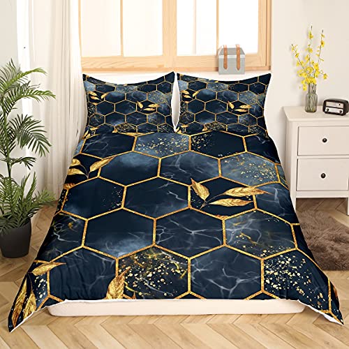 Honeycomb Bettbezug Golden Hexagon Trösterbezug für Kinder Jungen Teens, Schwarz Blau Marmorader Botanisches Bettwäsche Set Tropical Hawaii Beach Dschungel Blätter Schlafzimmer Dekor 135x200 von Homewish