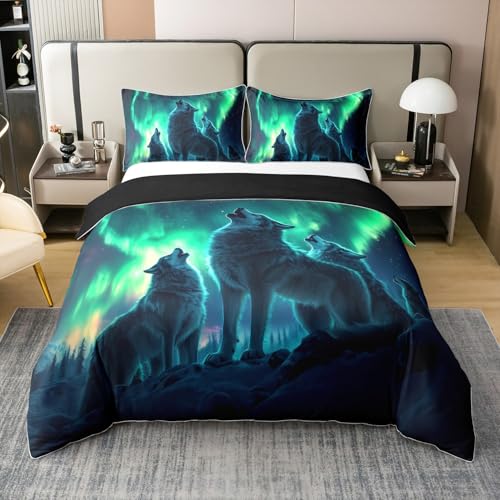 Howling Wolf 100% Baumwolle Tröster Bezug 135x200,Türkis Ombre Aurora Bettwäsche Set,Wölfe Wildlife Safari Tier Bettbezug,Natürliche Landschaft Bettbezug Weich Atmungsaktiv,Reversible Howling Wolf 100% Baumwolle Tröster Bezug 135x200,Türkis Ombre Aurora Bettwäsche Set,Wölfe Wildlife Safari Tier Bettbezug,Natürliche Landschaft Bettbezug Weich Atmungsaktiv,Reversible von Homewish