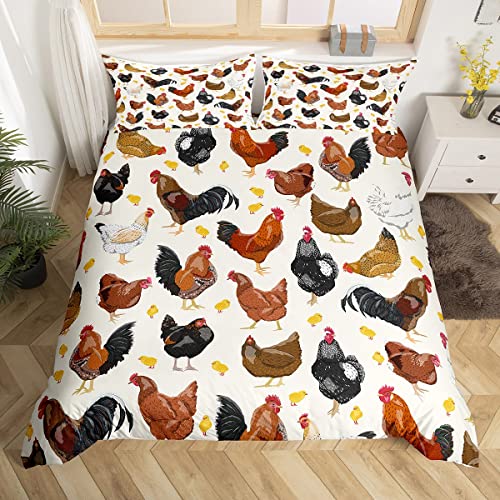 Hühner Tröster Bezugsset 220x240.Rustikale Hahn Henne Bettbezug für Teen Erwachsene Schlafzimmer Dekor, Bauernhof Tiere Bettwäsche Set mit Reißverschluss Verschluss 2 Kissenbezüge, Orange Schwarz Weiß von Homewish