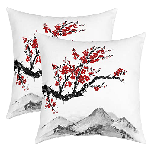 Japanische Stil Kissenbezüge 60x60cm Satz von 2 Roten Kirschblüten Gedruckt Wurf Kissenbezüge, Mount Fuji Muster Wurf Kissenbezüge Tinte Malerei Schwarz Weiß Stilvolle Kissenbezüge für Zuhause Büro von Homewish