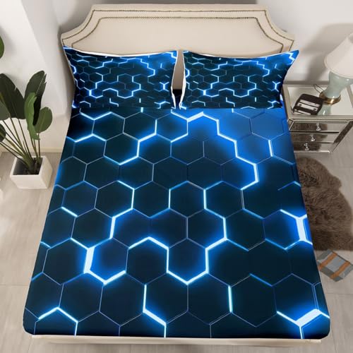 Jungen Geometrische Bettwäsche Set 90x200x30,Neon Geometrische Waben Bettwäsche Himmelblau Schwarz Spannbettlaken Abstrakte Geometrie Sechseckige Bienenstock Blätter Moderne Mode Raum Dekor von Homewish