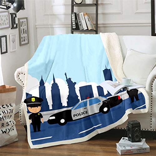 Jungen Polizei Auto Sherpa Decke, Freiheit Plüsch Bettdecke für Kinder Kinder Mädchen Teens, Stadt Gebäude von Amerika Fleece Fahrzeug Cartoon Stil werfen Decke, 150×200, blau von Homewish