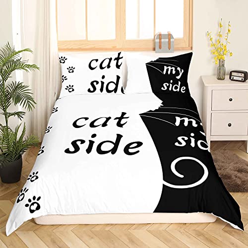 Katzenseite Und Meine Seite Bettwäsche Set 155 x 220 Kawaii Katze Bettbezug für Paare Frauen Mädchen Schwarz und Weiß Süßes Kätzchen Bettbezug Modernes Romantisches Thema Schlafzimmer Dekoration von Homewish