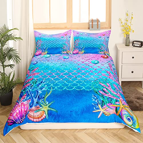 Kawaii Bettbezug 135 x 200 Glitzer Meerjungfrau Schuppen Bettwäsche für Kinder Mädchen Pastell Lila Blaugrün bunte Perle Bettbezug Algen Seesterne Bettbezug nautisches Meerestier Schlafzimmerdekor von Homewish
