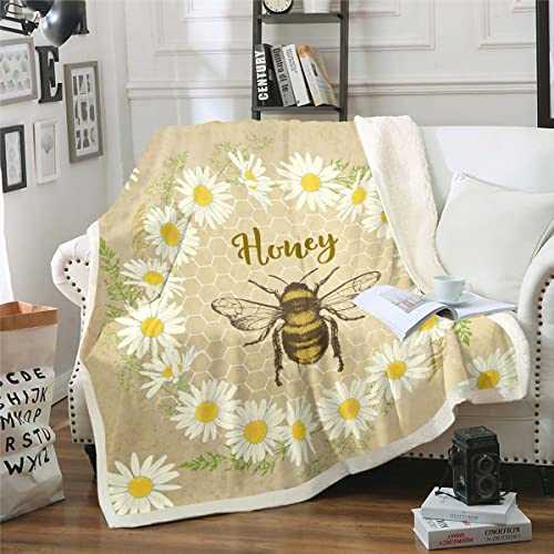 Kawaii Bienen Decke 229 x 229 Niedlicher Geometrischer Waben Decke Werfen Bauernhof Rustikales Gänseblümchen Blumen Sherpa Decke für Kinder Mädchen Teenager Weicher Leichter Fleece Decke von Homewish