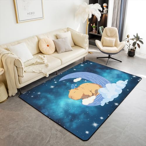 Kawaii Capybara Bereich Teppich für Jungen Mädchen,Blaue Galaxy Bodenmatte für Den Innenbereich,Mondsterne Wolke Sternenhimmel Teppich,Lustige Wildtiere Dekor Teppich,Rutschfeste Waschbare 150Bx200L von Homewish