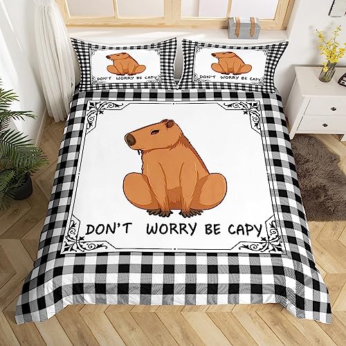 Kinder Capybara Tröster Abdeckung 155x220,Lustige Nagetier Tier Bettwäsche Set Nette Haustier Tier Bettbezug für Jungen Geometrie Buffalo Gitter Quilt Cover mit 1 Kissenbezug, Braun Schwarz Weiß von Homewish