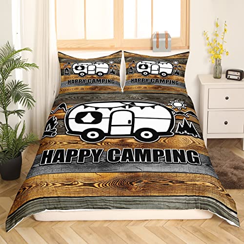 Kinder Happy Camping Bettwäsche Set 135 x 200 Camper Bettbezug für Jungen Mädchen Teenager Schlafzimmerdekor Skizze Zeichnung Bettbezug rustikales Bauernhaus altes Scheunentor Bettbezug im Holzstil von Homewish