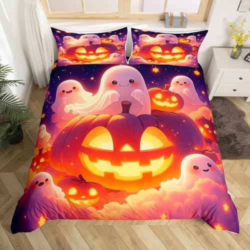 Kinder Happy Halloween Bettwäsche Set 135x200,Jungen Mädchen Nette Geister Bettbezug Cartoon Halloween Kürbis Tröster Abdeckung Nacht Himmel Wolke Sterne Bett Set Halloween Raum Dekor Reißverschluss von Homewish