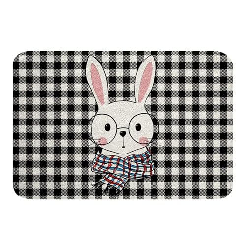 Kinder Kaninchen Teppiche 40 x 60 Kawaii Cartoon Kaninchen Eingangsteppich Schwarz Weiß Gitter kariert Badezimmerteppich rutschfest niedliche Tier Fußmatten super saugfähig Mädchen und Jungen von Homewish