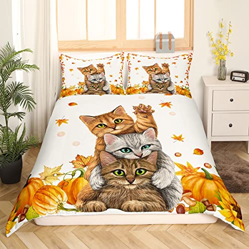 Kinder Niedlichen Katzen Bettwäsche Set 135 x 200 Herbstkürbis Ahornblatt Bettbezug für Mädchen Jungen Herbst Erntedank Dekor Bettbezug Fröhliche Herbstdekorationen für Zuhause Schlafzimmer 2 Stück von Homewish