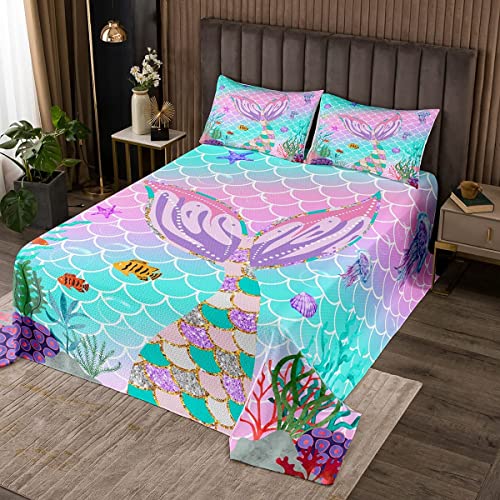 Homewish Kinder Tagesdecke Meerjungfrau Fischschuppen Tagesdecke Quilt-Set 170 x 210 Mädchen Rainbow Gesteppt Meerestier Gesteppt Blaugrün Funkelnde Pailletten Zimmerdekor Ombre Pastell Rosa Lila von Homewish