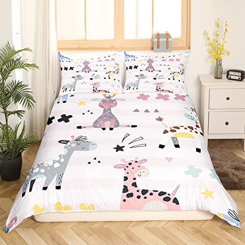 Kinder Zoo Tier Bettwäsche 135 x 200 Nette Giraffe Bettbezug Regenbogen Bettbezug für Jungen Mädchen Rosa Streifen Dekor Bettwäsche Set Dreiecke Punkte Sterne Bettwäsche Set mit 1 Kissenbezug von Homewish