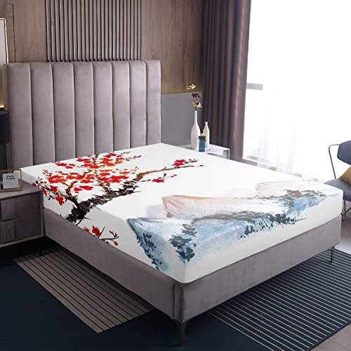 Kirschblüten Bettwäsche Set Für Mädchen Frauen Japanisches Rotes Blumendekor Spannbettlaken Erwachsene Teenager Ukiyoe Spannbettlaken Im Japanischen Stil 140 x 200 x 30 cm von Homewish