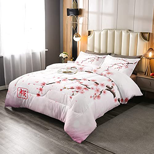 Kirschblüten Tröster Set Japanischen Stil Romantisches Thema Rosa Bettwäsche Set Botanisch Blumen Gesteppte Bettdecke Frauen Mädchen Paar Teen Weiche Bettwäsche Bettdecken, 155X220 von Homewish