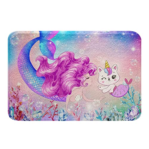 Kleine Meerjungfrau Teppich Nette Cartoon Meerjungfrau Schwanz Rutschfeste Badematte Prinzessin Stil Schlafzimmer Blau Lila Regenbogen Gradient Waschbare Teppiche Katze Print Haustür Matte 50Wx80L von Homewish