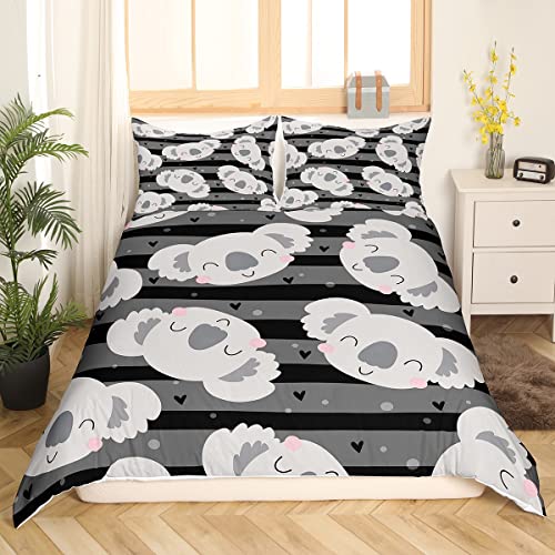 Koala Bettwäsche für Kinder Nette Tier Bettwäsche Set 135 x 200 für Jungen Mädchen Karikatur Liebe Drucken Bettbezug Schwarz Grau Gestreifte Bettbezug Ultra Weich Mikrofaser Bettbezug 2 Stück von Homewish