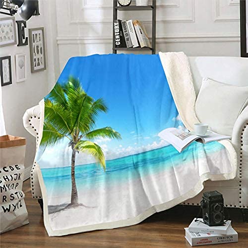 Kokospalme Fuzzy Decke Tropische Blätter Decke Hawaii Landschaft Decke Ozean Strand Blauer Himmel Weiße Wolken Plüschdecke,150x200 für Couch Schlafsofa von Homewish