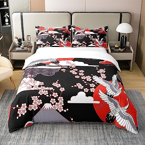 Kranich 100% Baumwolle Bettbezug 155x220 Japanischer Bettwäsche Set Kirschblüten Muster Frauen Mädchen Tröster Abdeckung Japanische Traditionelle Muster Dekor Tröster Set mit Reißverschluss Krawatten von Homewish