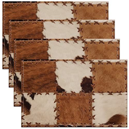 Kuhfell Tischsets 30x45 Patchwork Kuhfell Druck Abwischbare Platzset für Esszimmer Terrassentisch Küche Dekor Bauernhof Tier Tischsets 4er Set Western Cowboy Hitzebeständige Tischsets, Braun Weiß von Homewish