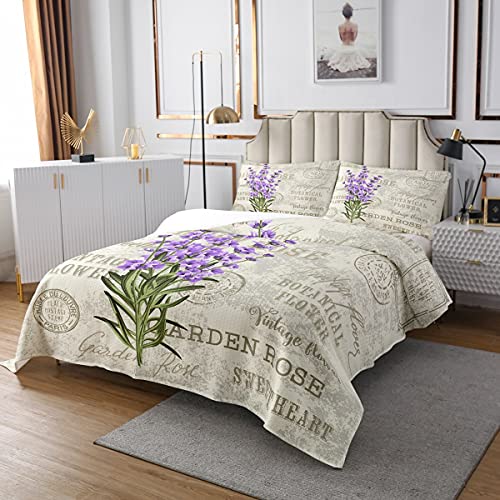 Homewish Lavendel Tagesdecke 220x240, Mädchen Lila Blume Blumen Bettdecke Set Vintage Postkarten Stil Gesteppt Für Kinder Teens Frauen, Grüne Blätter Botanisches Quilt Set Beige 2 Kissenbezüge von Homewish