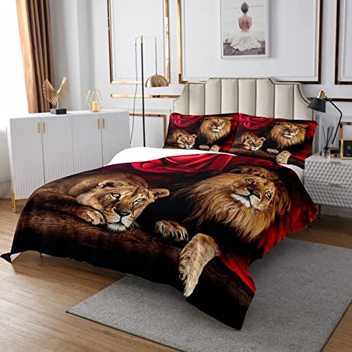 Löwen Tagesdecke 220x240 Afrika Wildtiere Gesteppt für Kinder Teenager Erwachsene Frauen,Rotem Rosen Blumen Muster Tagesdecke,Tiermotiven Weiche Luxus Mikrofaser Tagesdecke Quilt-Set,Schwarz Braun von Homewish