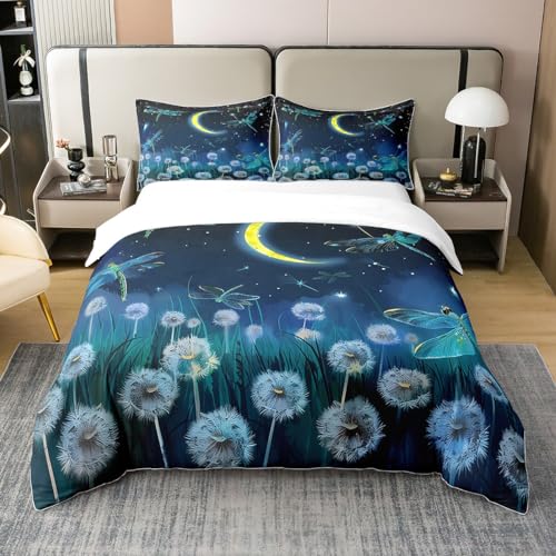 Löwenzahn 100% Bio-Baumwolle Bettbezug,Teal Blue Dragonfly Bettbezug,Nacht Glitter Mond Bettwäsche Set,Rustikale Natur Bauernhaus Stil Bett Set mit Reißverschluss Verschluss,135x200 von Homewish