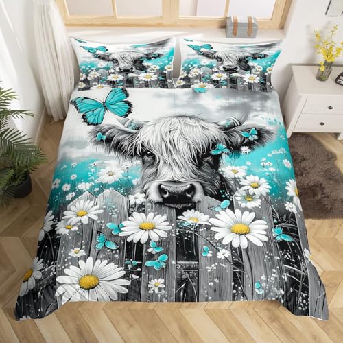 Longhorn Bettwäsche Rustikale Schmetterling Daisy Floral Bettbezug 220x240cm, für Jungen Bauernhaus Bauernhof Land Holz Brett bettset Wohndekor Stier Westliche Tiere Ombre Ölgemälde Bettwäscheset von Homewish
