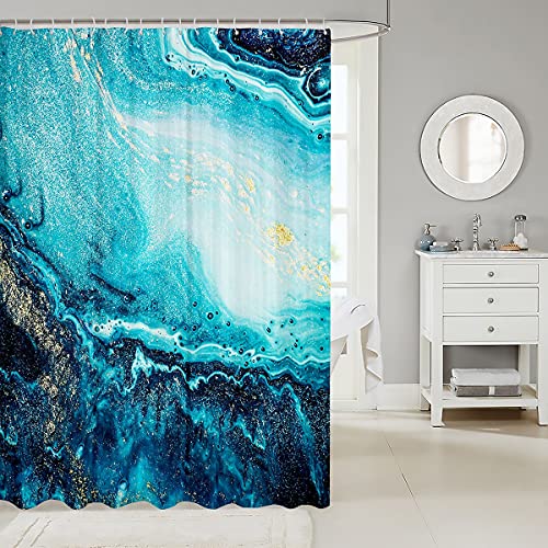 Luxus abstrakte Stoff Duschvorhang - moderne blaue und goldene Marmor Kunst Malerei Badezimmer Duschvorhang Sets Tinte flüssige Marmor Textur wasserdichte Bad Vorhang (180x210 (BxL), blaugrün weiß) von Homewish