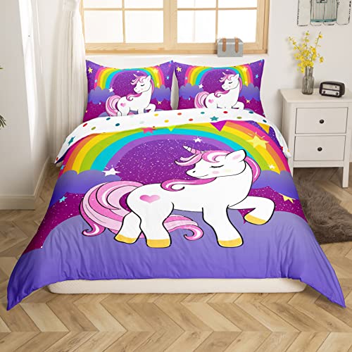 Mädchen Einhorn Bettbezug 135 x 200 cm niedlicher Regenbogen Einhorn Druck Bettbezug Kinder Cartoon Kawaii Bettbezug Galaxie Sterne Fantasie Mädchen Zimmerdekoration Kinder Einhorn wendbar Lila von Homewish