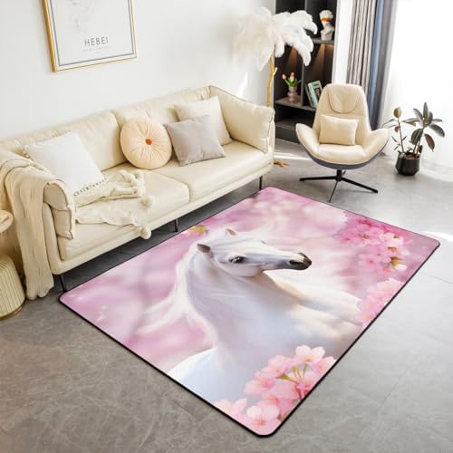 Mädchen Weiß Pferd Bereich Teppich,3D Galoppierendes Pferd Innenbereich Bodenmatte,Cheerry Blossom Rosa Blumenteppich,Natur Sommer Romantische Dekor Teppich für Spielzimmer Nicht Verschütten 150Bx200L von Homewish