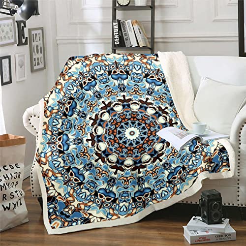 Mandala Vlies Decke Vintage Sherpa Decke, Orientalische Persische Floral Decke 229x229cm Boho Wurf Decke für Sofa Traditionelle Ästhetische Flanell Decke, Hippie Paisley Mandala Dekor Navy von Homewish