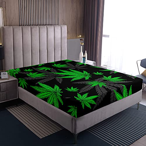 Marihuana Unkrautblatt Spannbettlaken,Cannabisblätter Bettwäschesets Cannabis Vibrant Grün Spannbettlaken Gothic Nature Plants Spannbettlaken Schwarzgrau Marihuanablatt Bettwäsche-Dekor-Set, 140x200 von Homewish