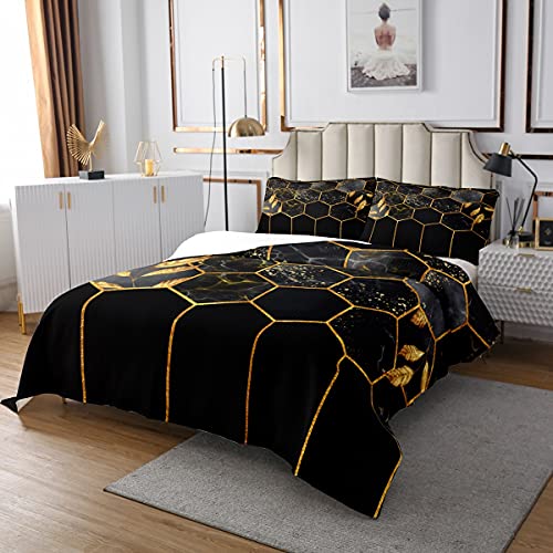 Marmor Tagesdecke Set 170x210, Schwarz Grau Geometrisches Gold Plaid Bettwäsche Set, Modernes Luxus Diamant Quilt Set mit Metallic Stripe Printed Bienenstock Hexagon Grid Coverlet Set, Honeycomb von Homewish