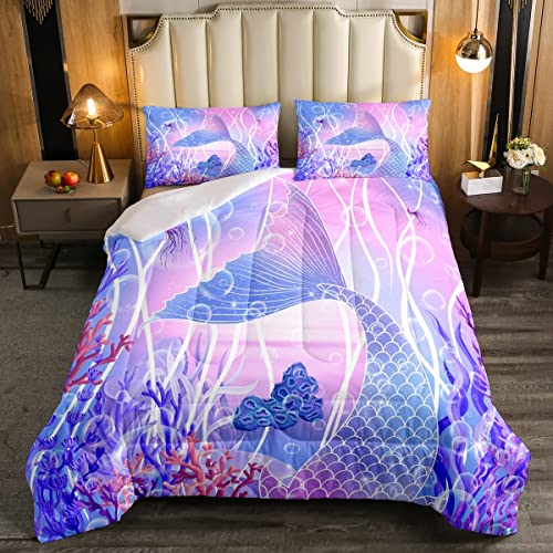 Meerjungfrau BettwäSche 135 x 200 Kinder MäDchen Teenager Rosa Lila Fischschuppen TröSter Set Nautisches Meerestier Bettbezug Koralle Algen Ombre Pastell Prinzessin SchlafzimmerDekor 1 Kissenbezug von Homewish