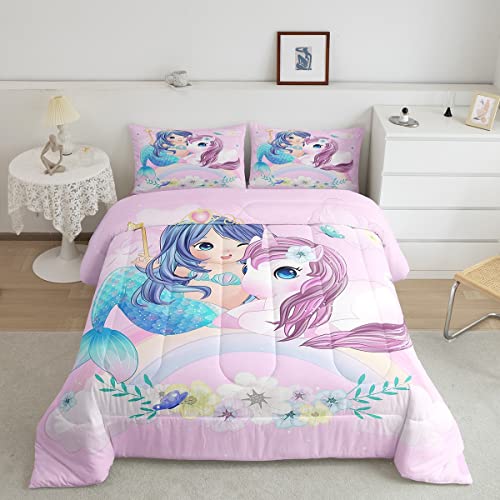 Meerjungfrau Bettwäsche 200 x 200 Mädchen,Cartoon Einhorn Tröster-Set für Kinder Jungen Teenager,Kawaii Regenbogen Blume Prinzessin Schlafzimmerdekor Niedlich Tiere Bettbezug mit 2 Kissenbezüge,Rosa von Homewish