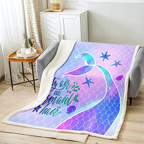 Meerjungfrau Fleecedecke 130 x 150 MäDchen Kinder Teenager Niedliche Meerjungfrau ÜBerwurf Decke Fischschuppen Muschel Seestern Meereslebewesen Sherpa Decke Pastell Pink Blau Lila Kawaii Raumdekor von Homewish