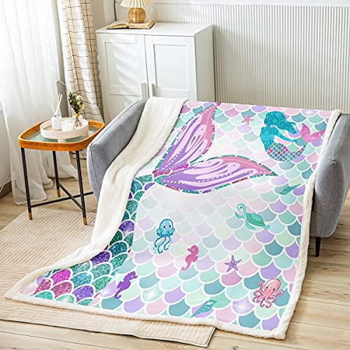 Meerjungfrau ÜBerwurfdecke 150 x 200 MäDchen Kinder Teenager Teal Lila Rosa Batik Fleecedecke Bunt Ombre Pastell Sherpa Decke Sparkle Glitter Pailletten PlüSch Bettdecke Prinzessin Schlafzimmer Dekor von Homewish