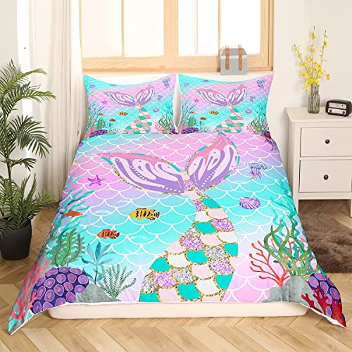 Meerjungfrauen Schwanz Bettbezug Fischschuppen Bettbezug für Kinder Girly 155 x 220 Regenbogen Bettwäsche Set Ozean Leben Meerestier Bettwäsche Pailletten Pastellrosa Pailletten Schlafzimmer Dekor von Homewish