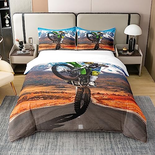 Motocross 100% Baumwolle Bettbezug 135x200 Dirt Bike Bettwäsche Set für Jugend Motorrad Fahrer Tröster Abdeckung Schlafzimmer Dekor Schnee Berg Landschaft Bett Sets mit 1 Kissenbezug Reißverschluss von Homewish