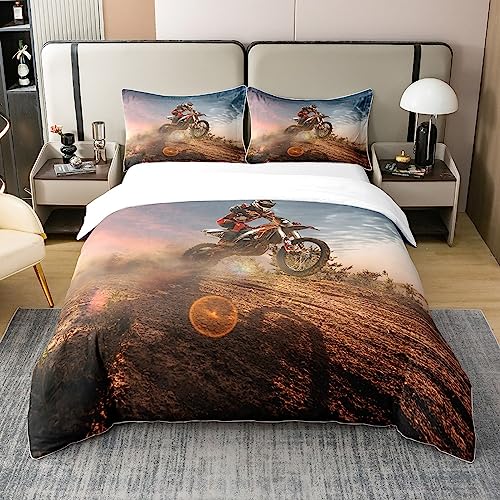 Motocross Rider 100% Baumwolle Bettbezug 155x220 Dreck Fahrrad Bettwäsche 100% Baumwolle Set Motorrad Extreme Sport Motorrad Sonnenuntergang Land Zweig Bettbezug Tröster Abdeckung mit 1 Kissenbezug von Homewish