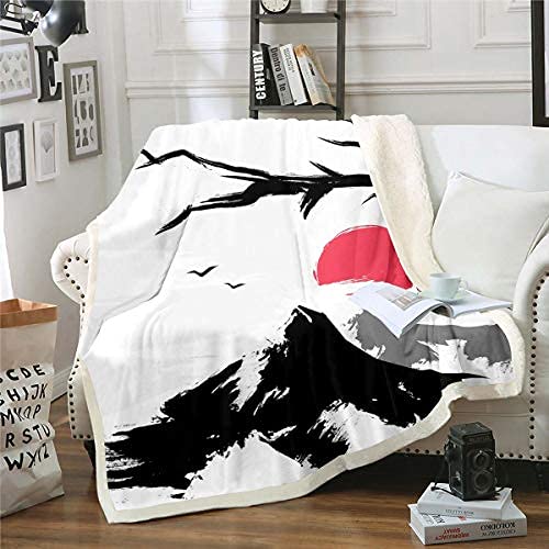 Homewish Mount Fuji Decke Überwurf,Bergkirsche Zweige Rote Sonne Tinte Malerei Japanischen Stil Ukiyo-E Thema Sherpa Decke,Dekorative Sofa Fleece Decke Leicht,150x200,Schwarz Weiß Grau von Homewish