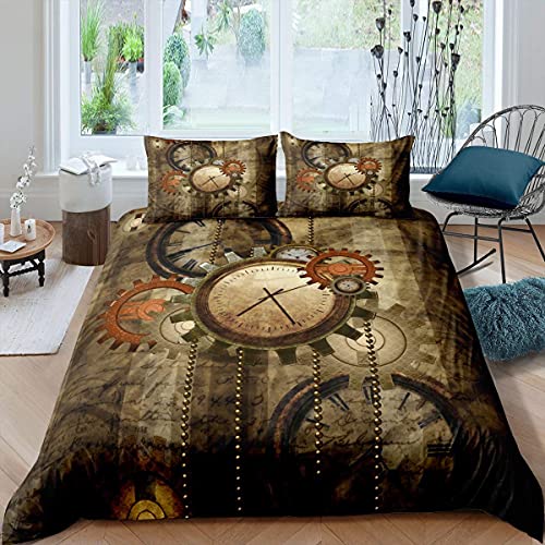 Homewish Ndustrial Gear Trösterbezug Steampunk Stil Bettbezug 135x200 Uhren Themen Bettwäsche Set Mechanisches Gerät Retro Braun Tagesdecke,2 Stücke,Raumdekoration Leicht von Homewish