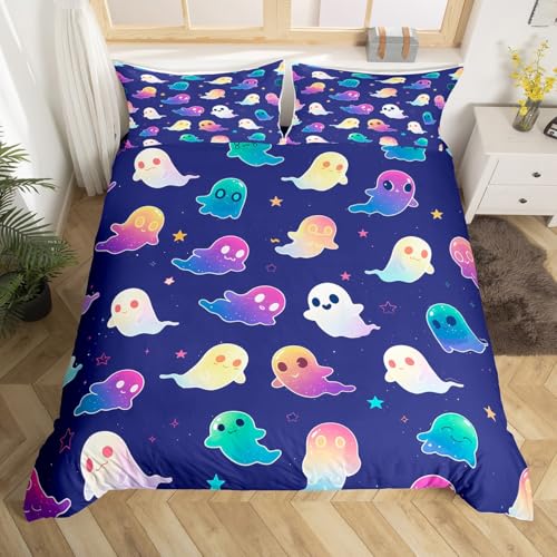 Neon Spooky Tier 155x220 Bettbezug für Kinder Gradient Geist Bettwäsche Set,Glühende Sterne Bett Set Halloween Thema Tröster Abdeckung,Dunkelblau Happy Festival Präsent Bettwäsche Abdeckung von Homewish