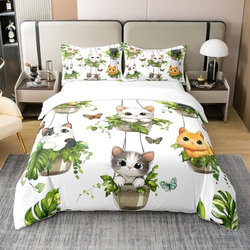 Nette Katze 100% Natürliche Baumwolle Bettbezug,Bunte Kitty Bett Set 200x200,Butterfly Botanical Leaves Bettwäsche Set,Bauernhaus Topf Pflanze Tröster Abdeckung,Kinder Illustration Design Bettbezug von Homewish