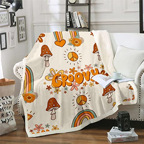 Nette Pilz Decke Werfen 150x200 für Kinder Jungen Mädchen,Groovy Blume Fleece Decke,1960Er 1970Er Jahre Funky Blume Doodle Fuzzy Decke,Cartoon Regenbogen Swirls 60Er Jahre 70Er Jahre Sherpa Decke von Homewish