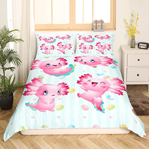 Niedliche Axolotl Bettwäsche Sets 135 x 200 blaue Streifen Bettbezug Mädchen Bettbezug Meerestiere Tiere Reptilien Bettbezug Cartoon Axolotl Bettwäsche für Kinder Jungen Teenager Schlafzimmerdekor von Homewish