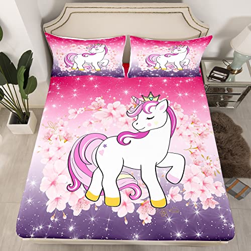 Niedliches Einhorn BettwäSche-Set 90 x 200 Für MäDchen Glitzernde Galaxie BettwäSche Kawaii Raumdekor Für Kinder Jugend KirschblüTen Blumen Spannbettlaken Cartoon Tier Rosa Lila Ombré Spannbettuch von Homewish